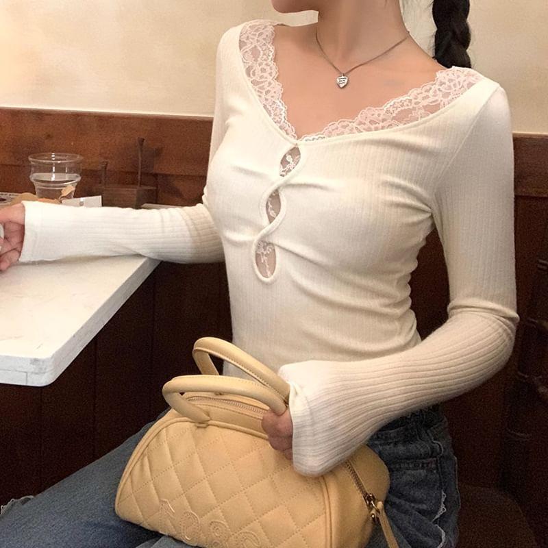 Long-Sleeve V-Neck Lace Trim Ribbed T-Shirt Product Image