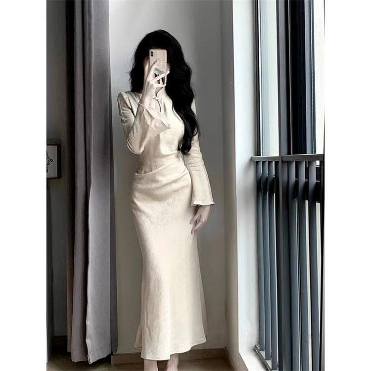 Long Sleeve Mandarin Collar Plain Keyhole Maxi Mermaid Dress Product Image