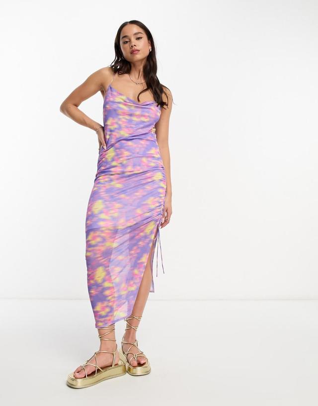 Monki mesh cami gathered midi dress in blurred flower print Product Image