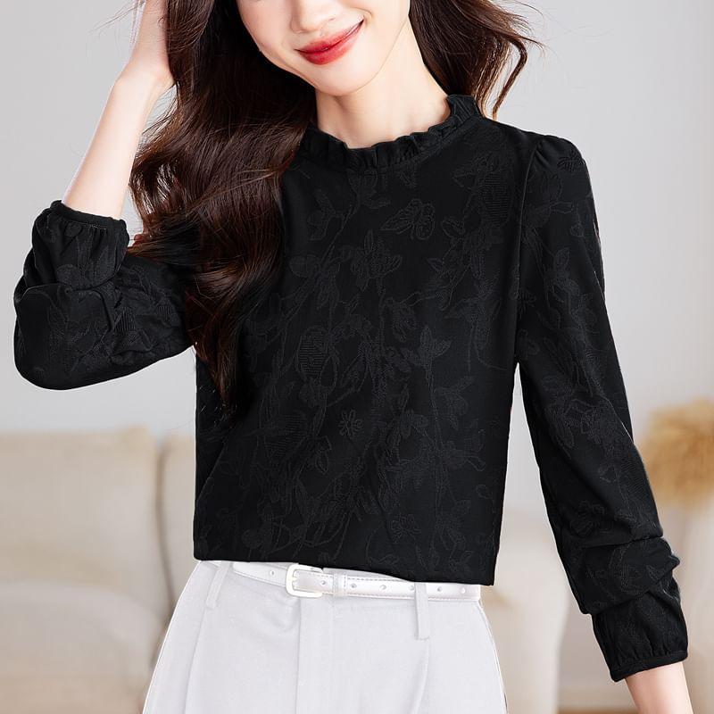 Long Sleeve Round Neck Ruffle Trim Floral Top Product Image