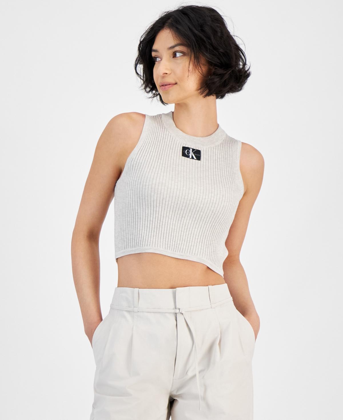 Calvin Klein Jeans Womens Ribbed Angled-Hem Cropped Logo Top product image