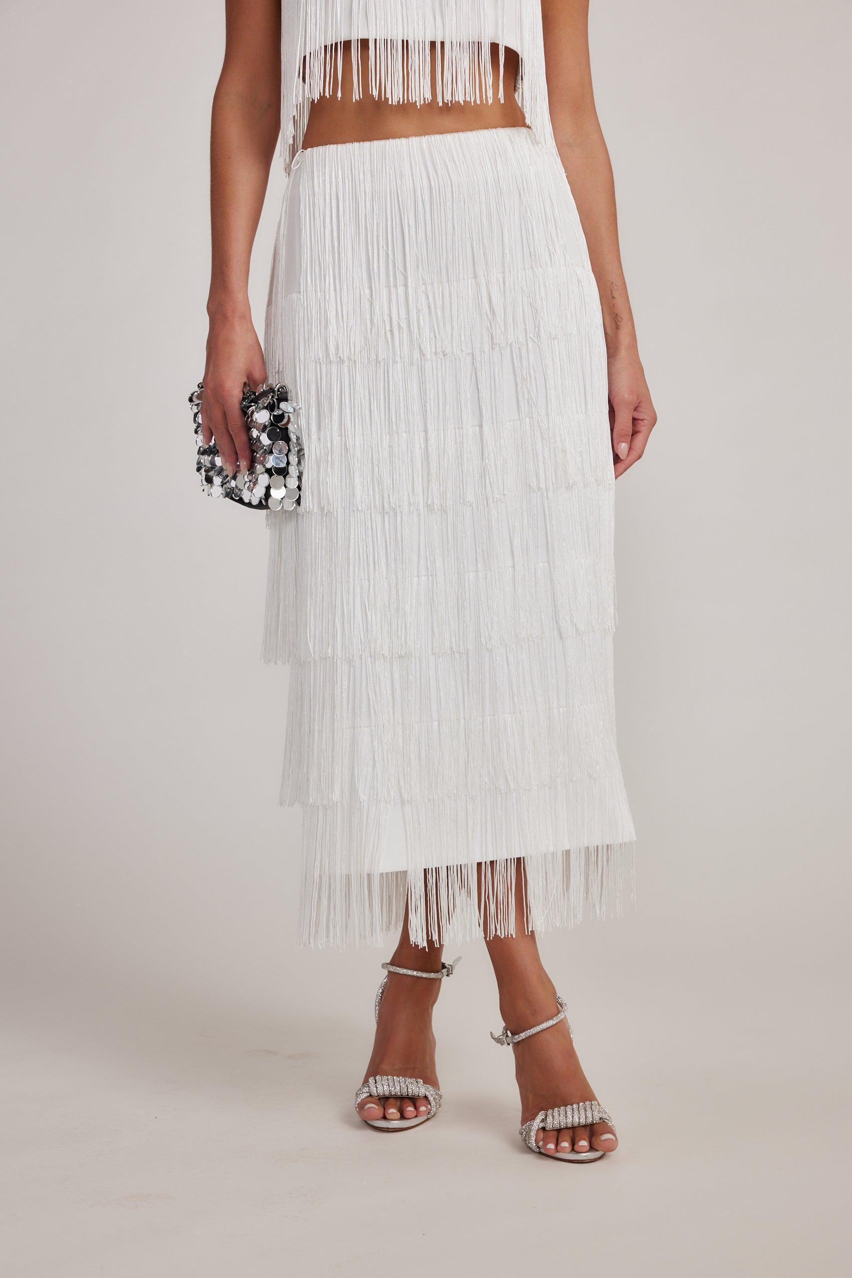 Gatsby White Fringe Midi Skirt Product Image