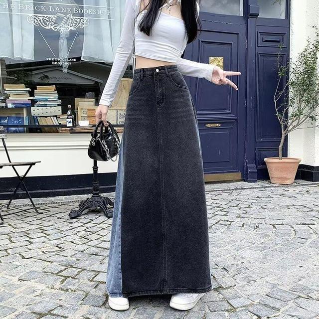 High Waist Two Tone Washed Denim Maxi A-Line Skirt Product Image