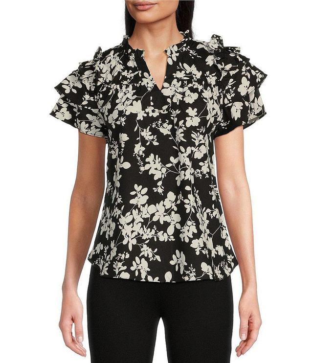 Calessa Woven Floral Print Split V Neck Cap Sleeve Ruffle Straight Hem Pullover Top Product Image