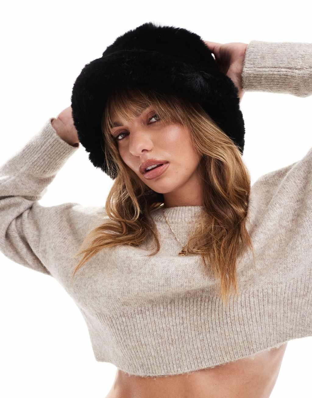 ASOS DESIGN faux fur bucket hat in black Product Image