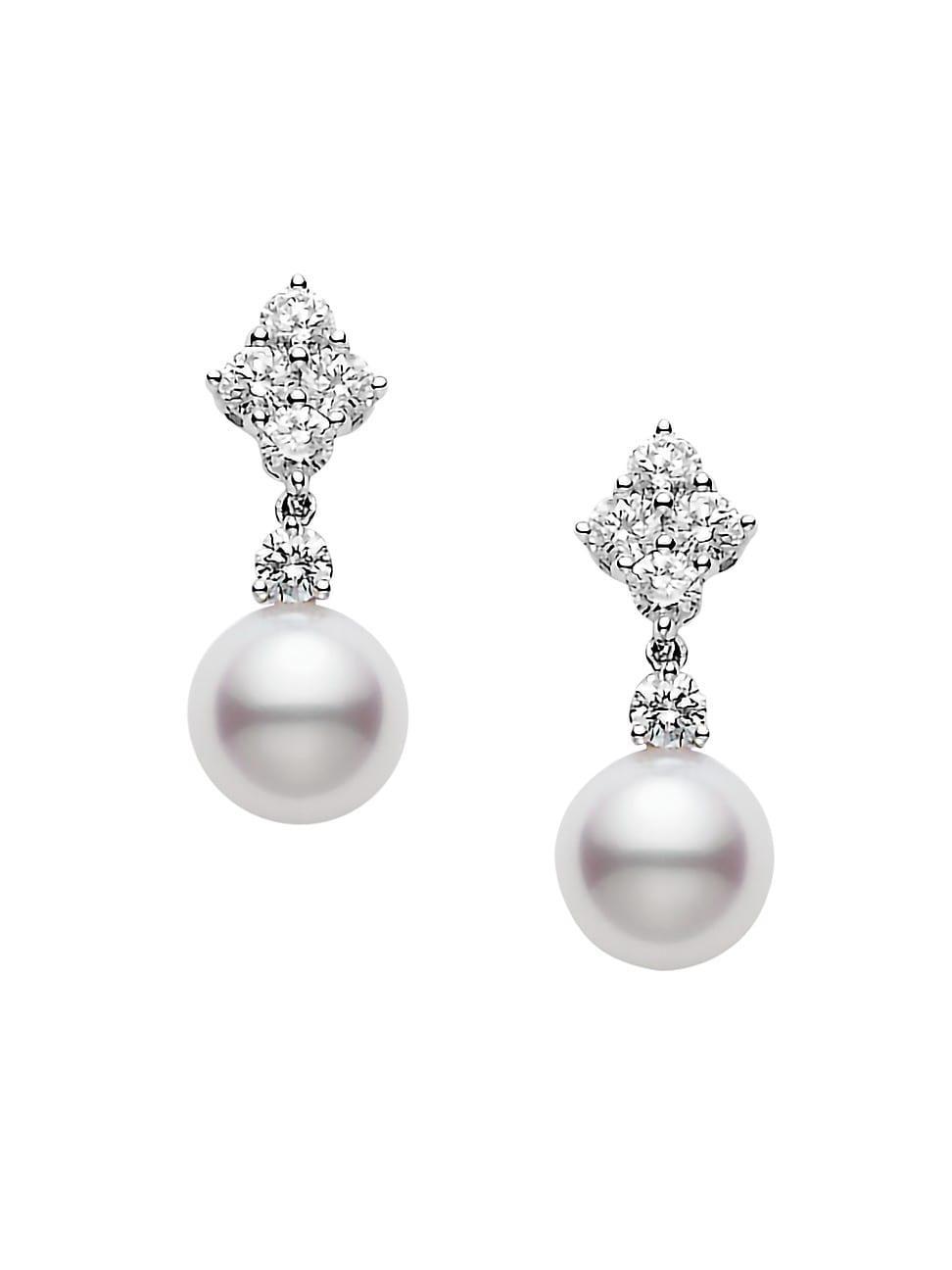 7.5MM White Cultured Akoya Pearl, Diamond & 18K White Gold Drop Earrings - Pearl Product Image