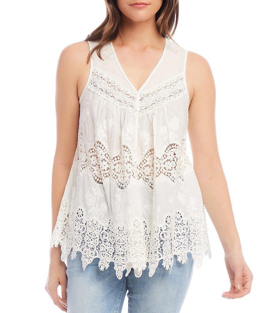 Karen Kane Petite Size Embroidery Eyelet Lace V-Neck Sleeveless Bohemian Inspired Top Product Image