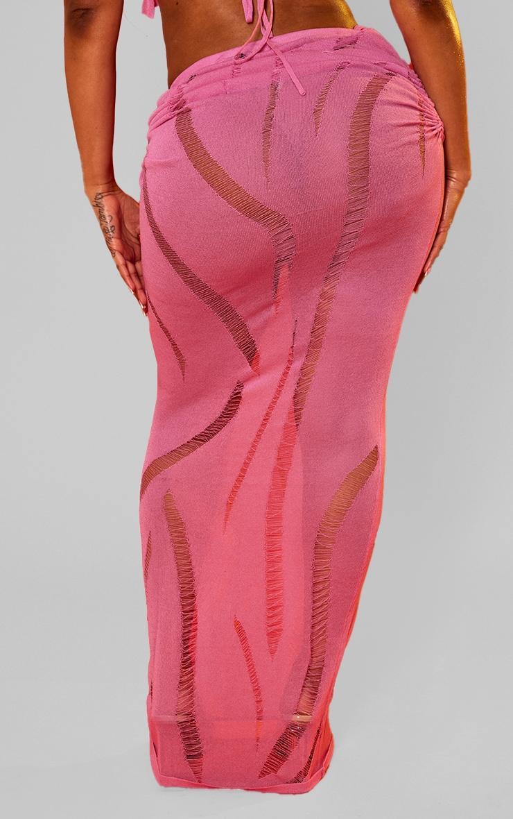 Shape Bright Pink Knit Ladder Detailed Low Rise Ruched Side Maxi Skirt Product Image