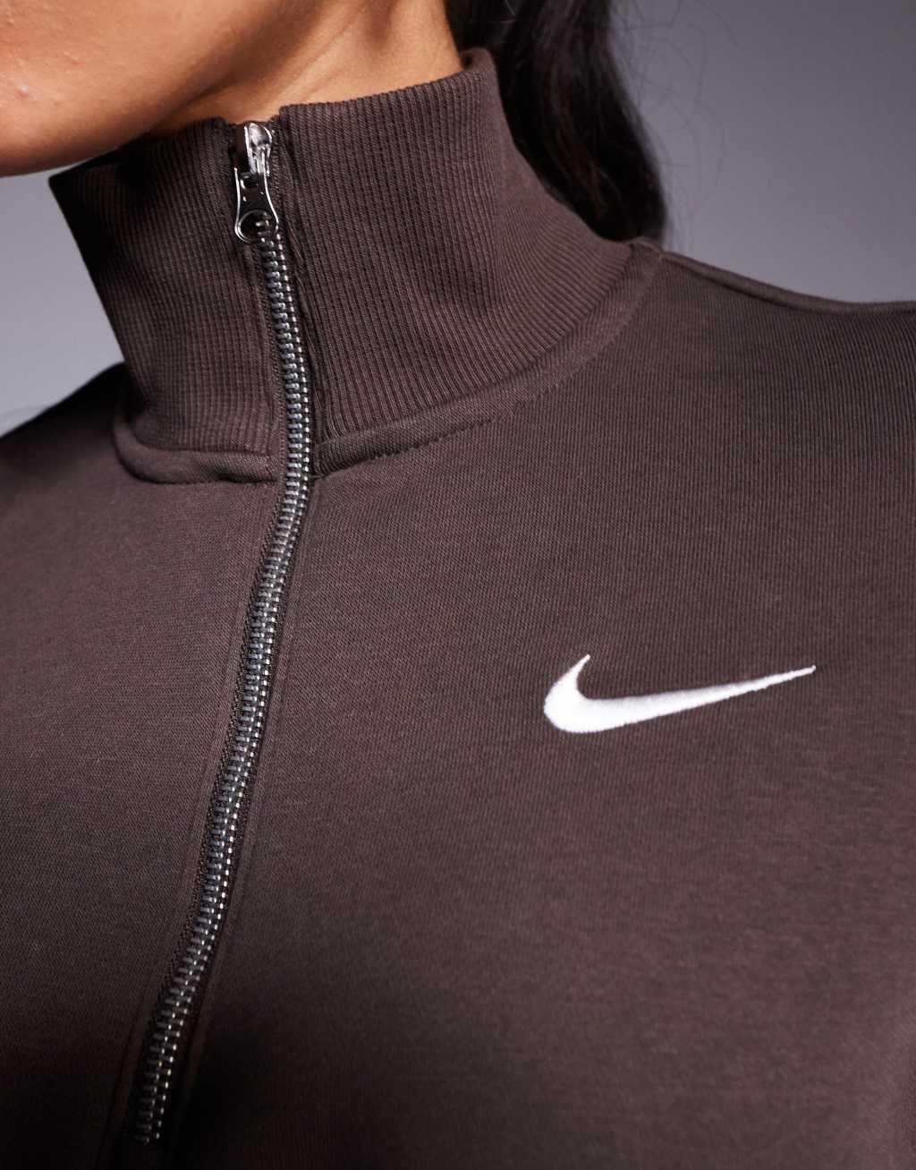 Nike Phoenix Fleece half zip cropped sweatshirt in brown Product Image