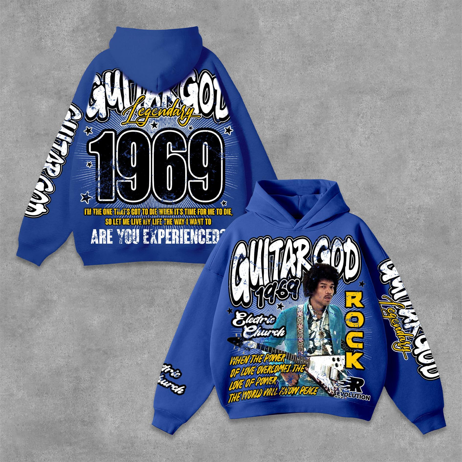 Sopula Hellstar Jimi Hendrix Art 1969 Guitar God Make Vintage Graphics Pocket Hoodie Product Image