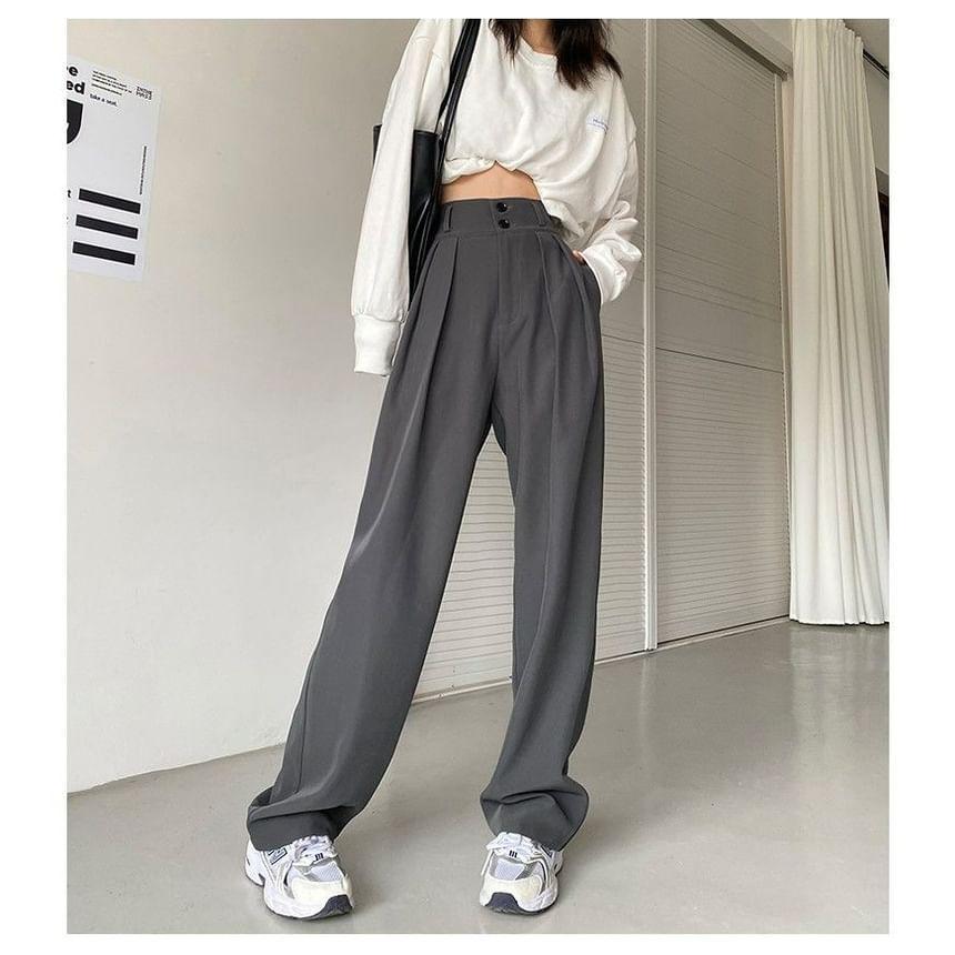 High Rise Plain Pleated Wide Leg Suit Pants Product Image