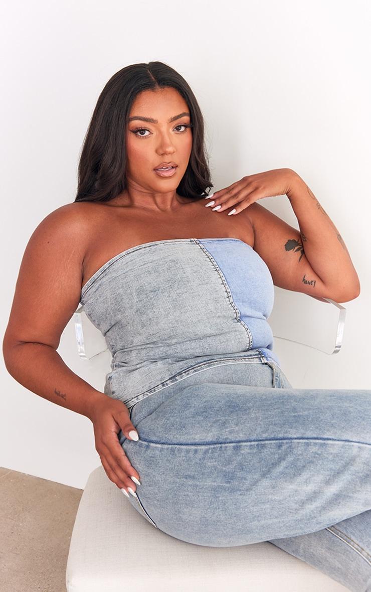 Plus Washed Blue Contrast Stretch Denim Corset Top Product Image