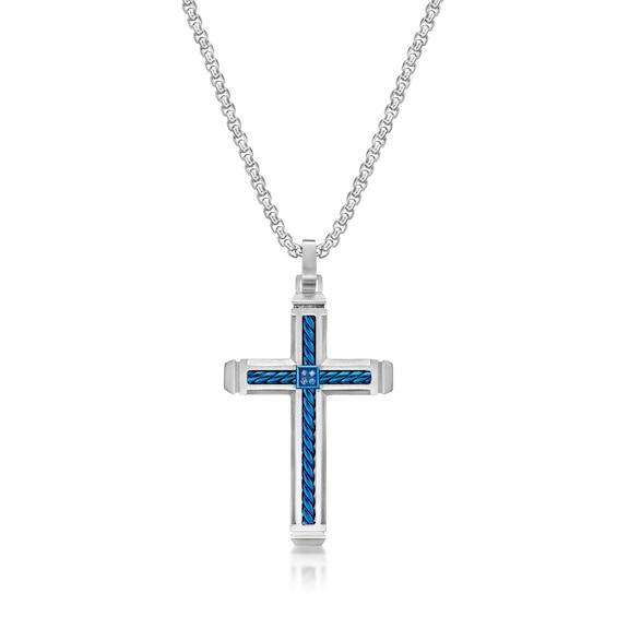 Men's Blue Diamond Accent Rope Inlay Cross Pendant in Stainless Steel and Blue IP - 24" Product Image