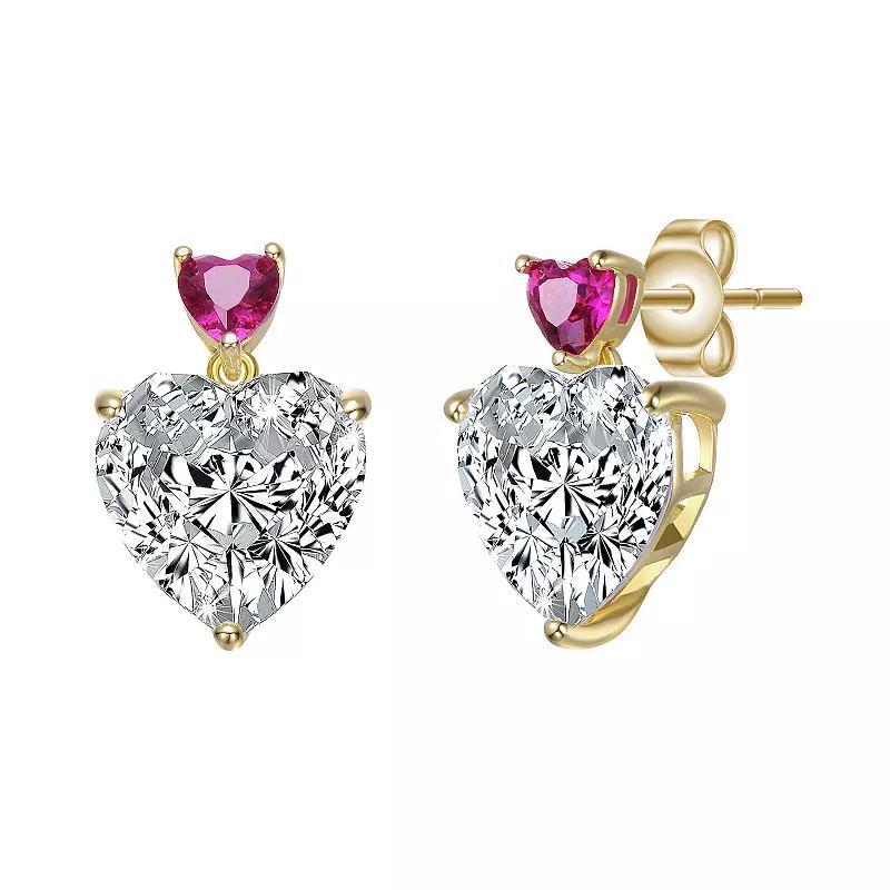 Gold Tone Cubic Zirconia Heart Two-Stone Stud Earrings, Womens, Red Product Image