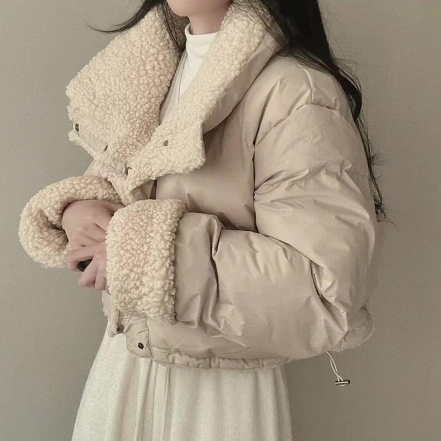 Plain Fluffy Trim Snap Button Puffer Jacket Product Image