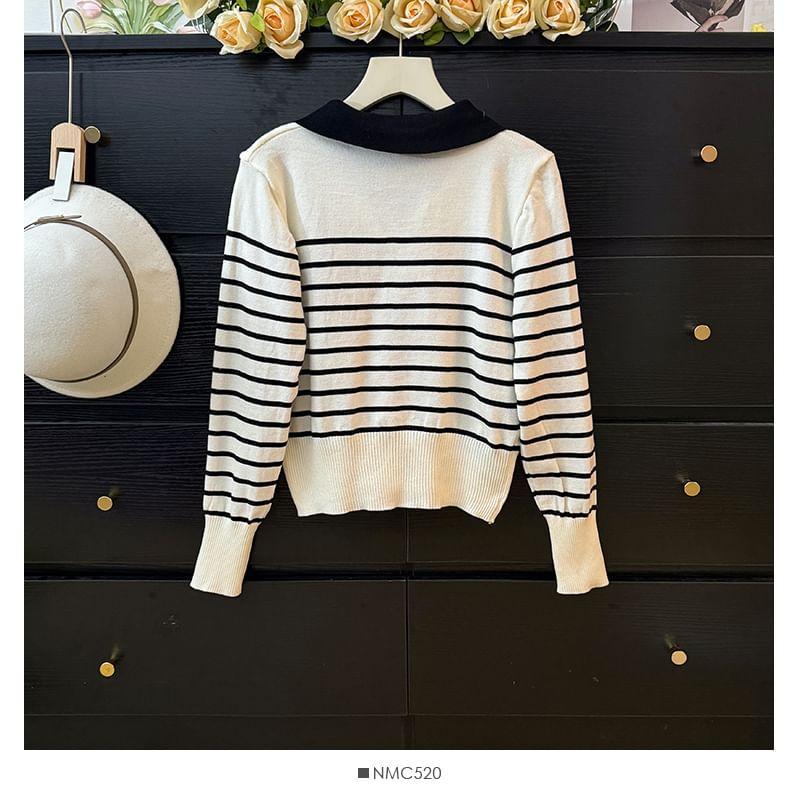 Collared Striped Knit Top Product Image