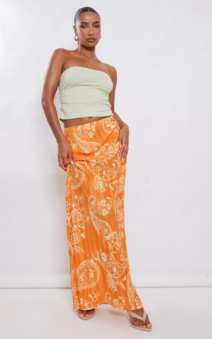 Orange Blurred Floral Printed Plisse Maxi Skirt Product Image