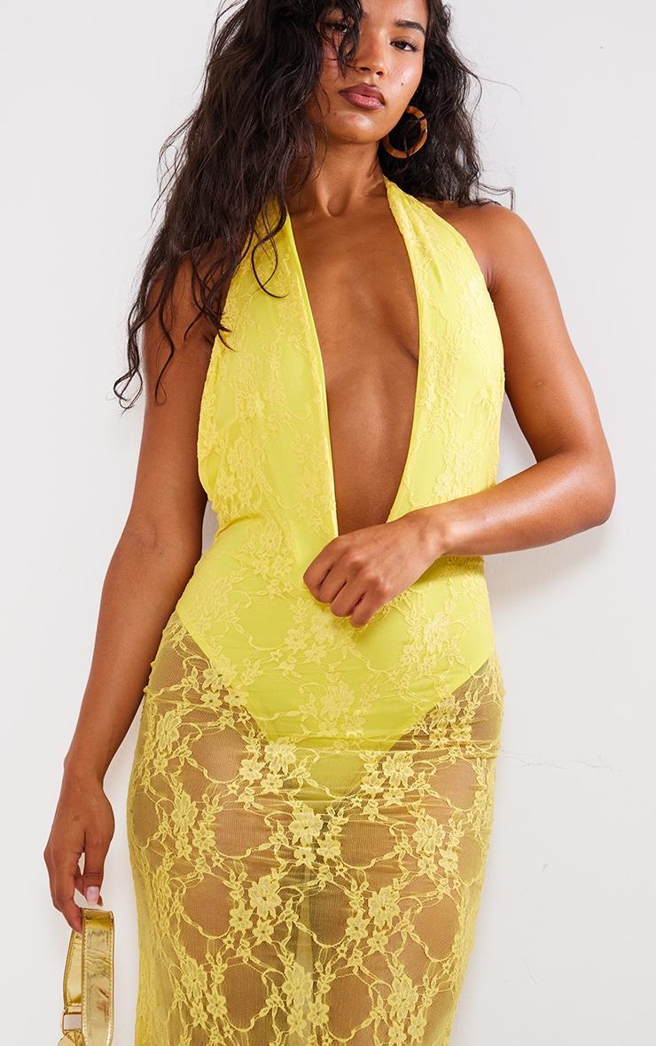 Yellow Lace Halterneck Plunge Midaxi Dress Product Image