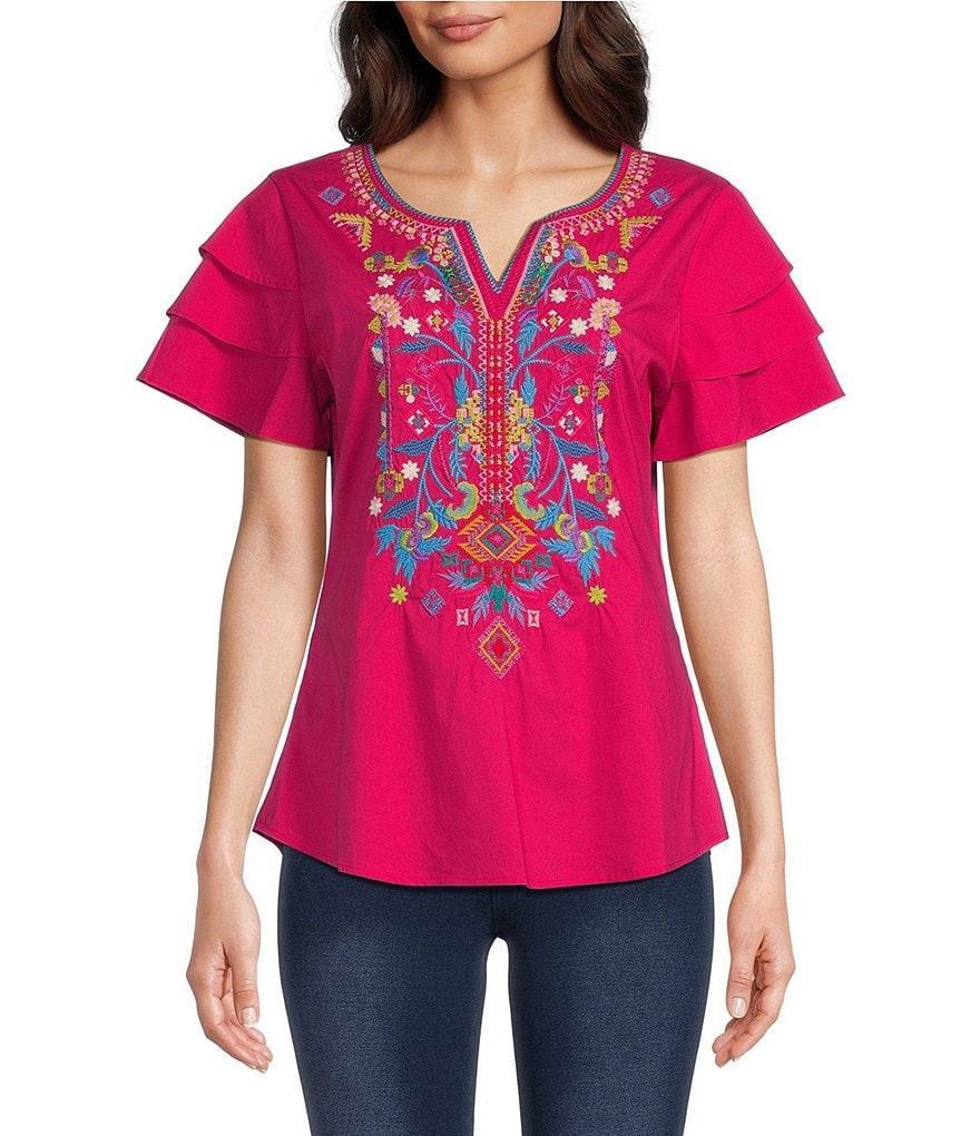 Calessa Split V-Neck Short Sleeve Embroidered Top Product Image