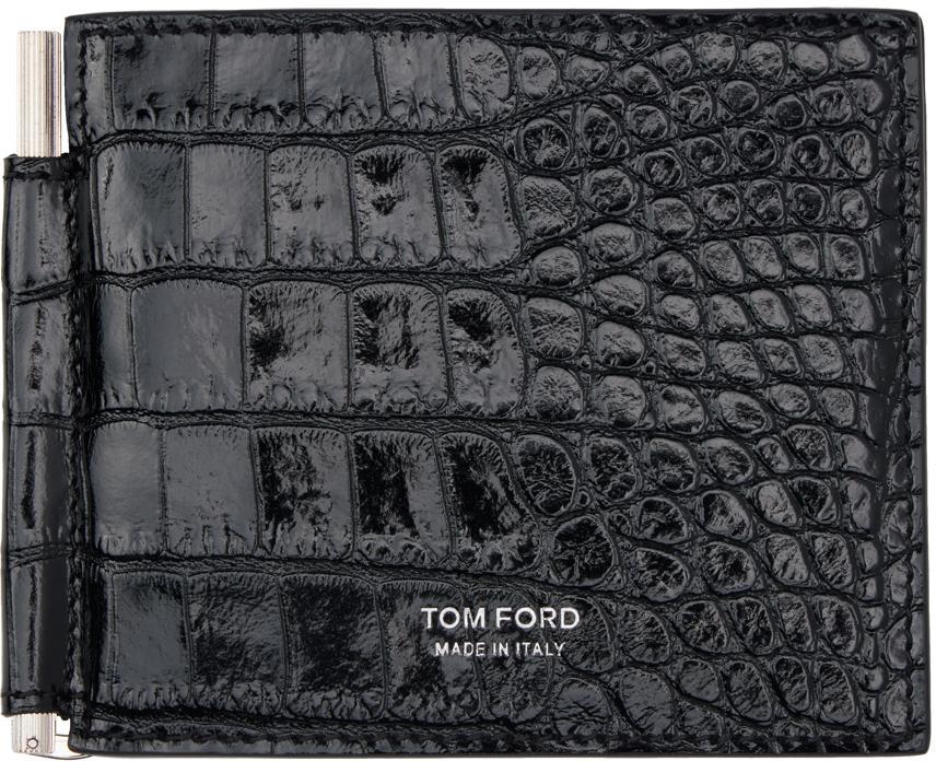 TOM FORD Black Shiny Printed Croc T Line Money Clip Wallet Product Image