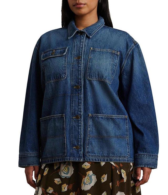 Lauren Ralph Lauren Plus Size Point Collar Long Sleeve Denim Shirt Jacket Product Image