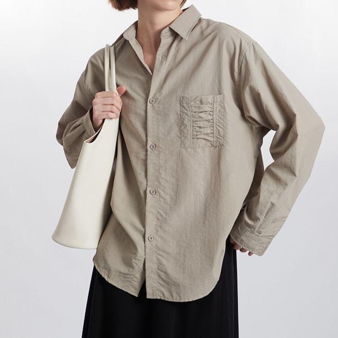 Long Sleeve Collared Plain Oversized Shirt Product Image