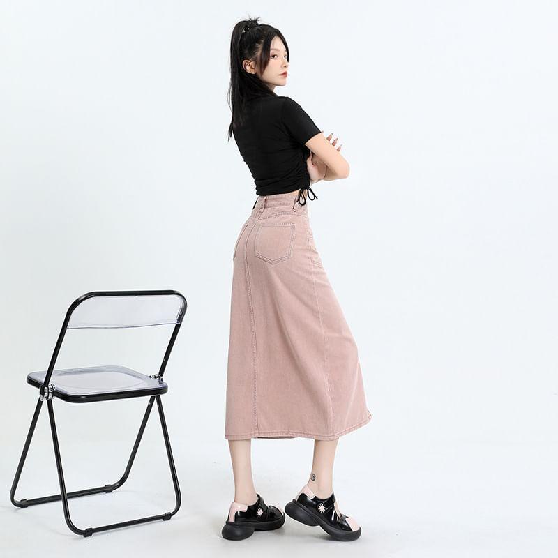 High Rise Slit Denim Midi Pencil Skirt Product Image