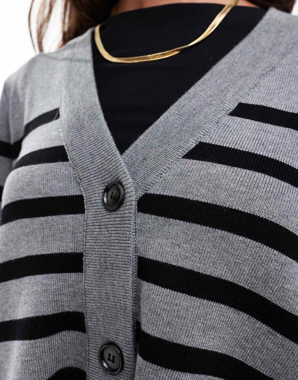 Object button through knit cardigan in gray with black stripe Product Image