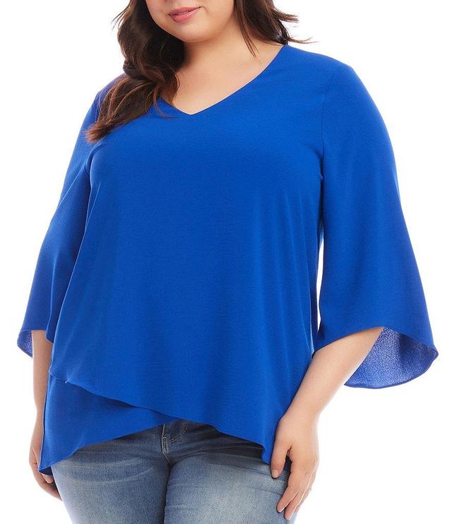 Karen Kane Plus Size Silky Crepe V-Neck 3/4 Sleeve Asymmetric Hem Floaty Layers Top Product Image