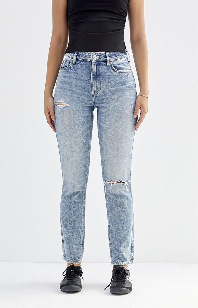 Women's Light Indigo Ripped Mom Jeans Product Image