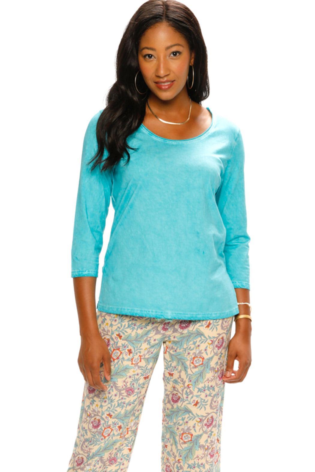 Turquoise 3/4 Sleeve Acid Washed Top Female Product Image