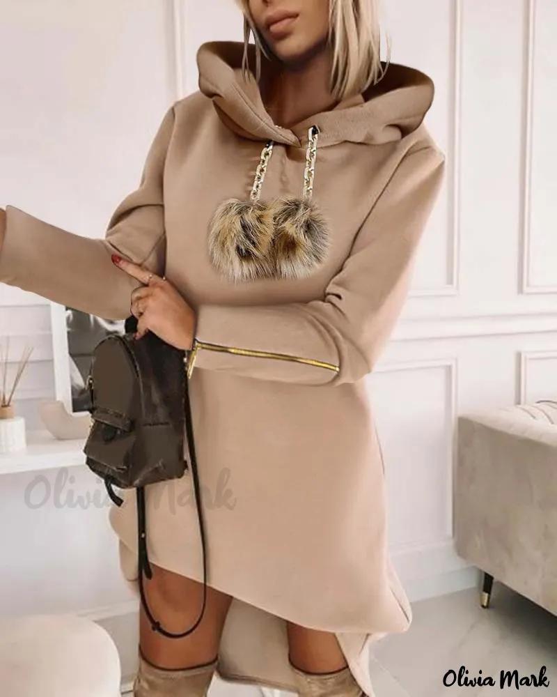 Olivia Mark – Stylish and Versatile Pom Pom Hooded Sweatshirt Dress for Every-day Wear Product Image