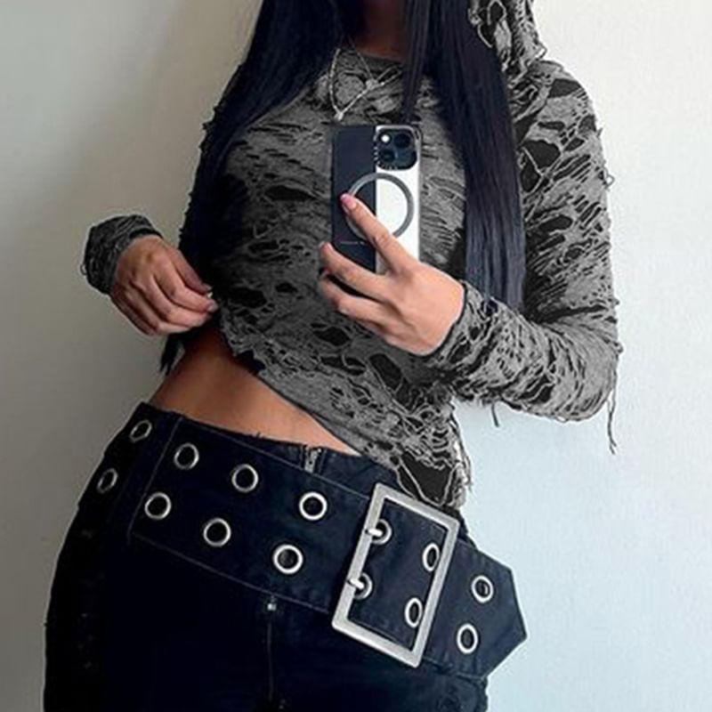 Long Sleeve Distressed Hooded Slim-Fit Crop Top Product Image