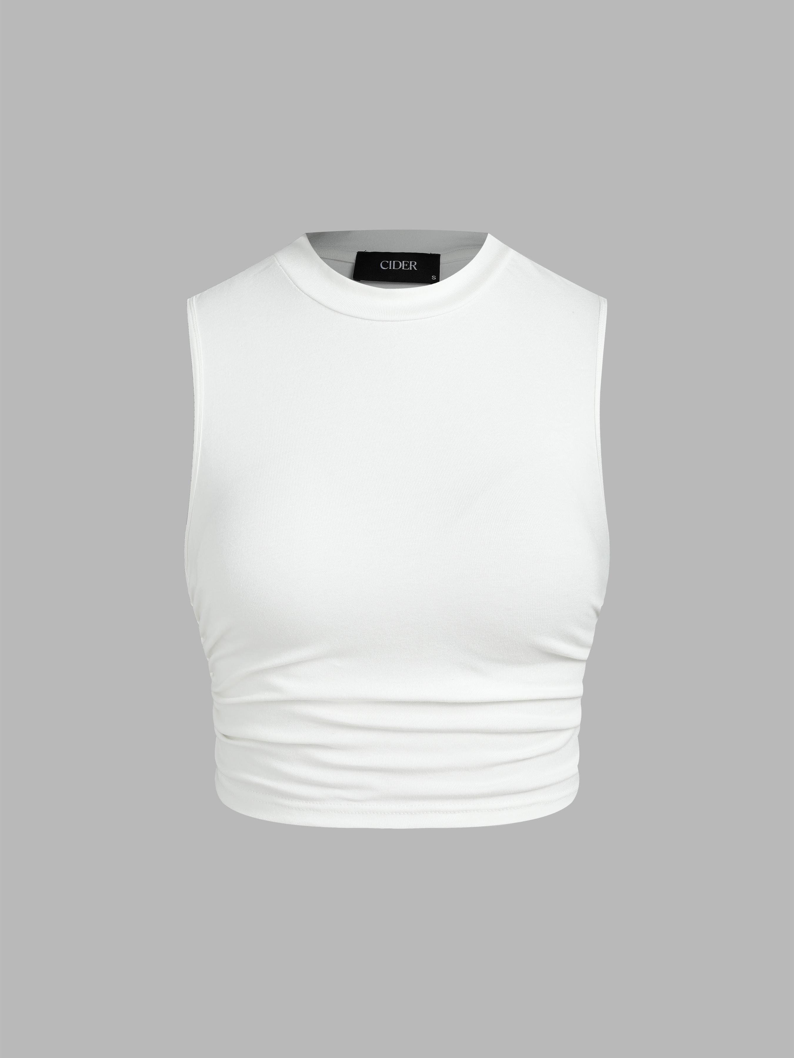 Round Neckline Solid Sleeveless Ruched Crop Top product image