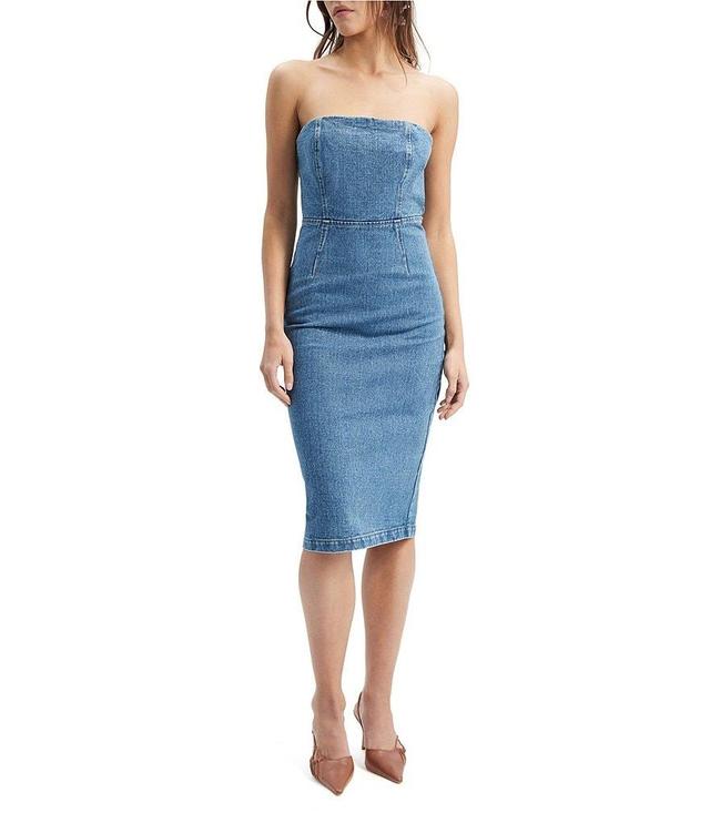 Bardot Vanda Denim Strapless Back Slit Knee Length Dress Product Image