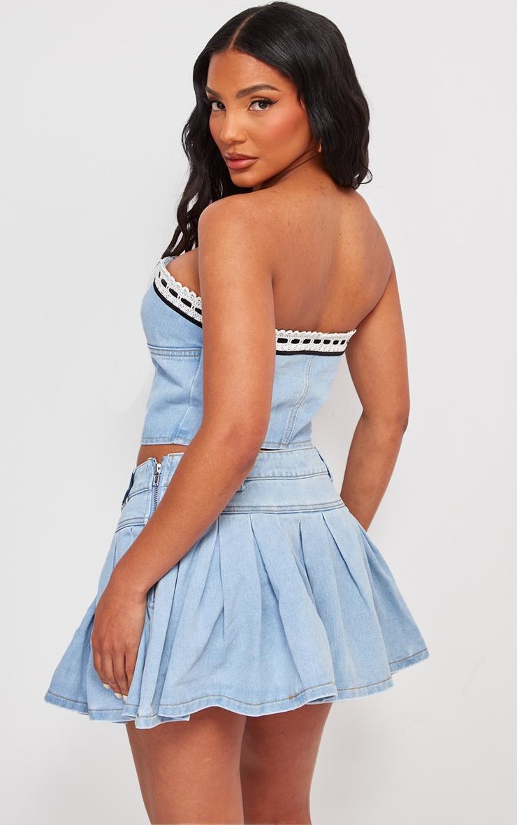 Light Blue Wash Lace Detail Denim Bandeau Crop Top Product Image