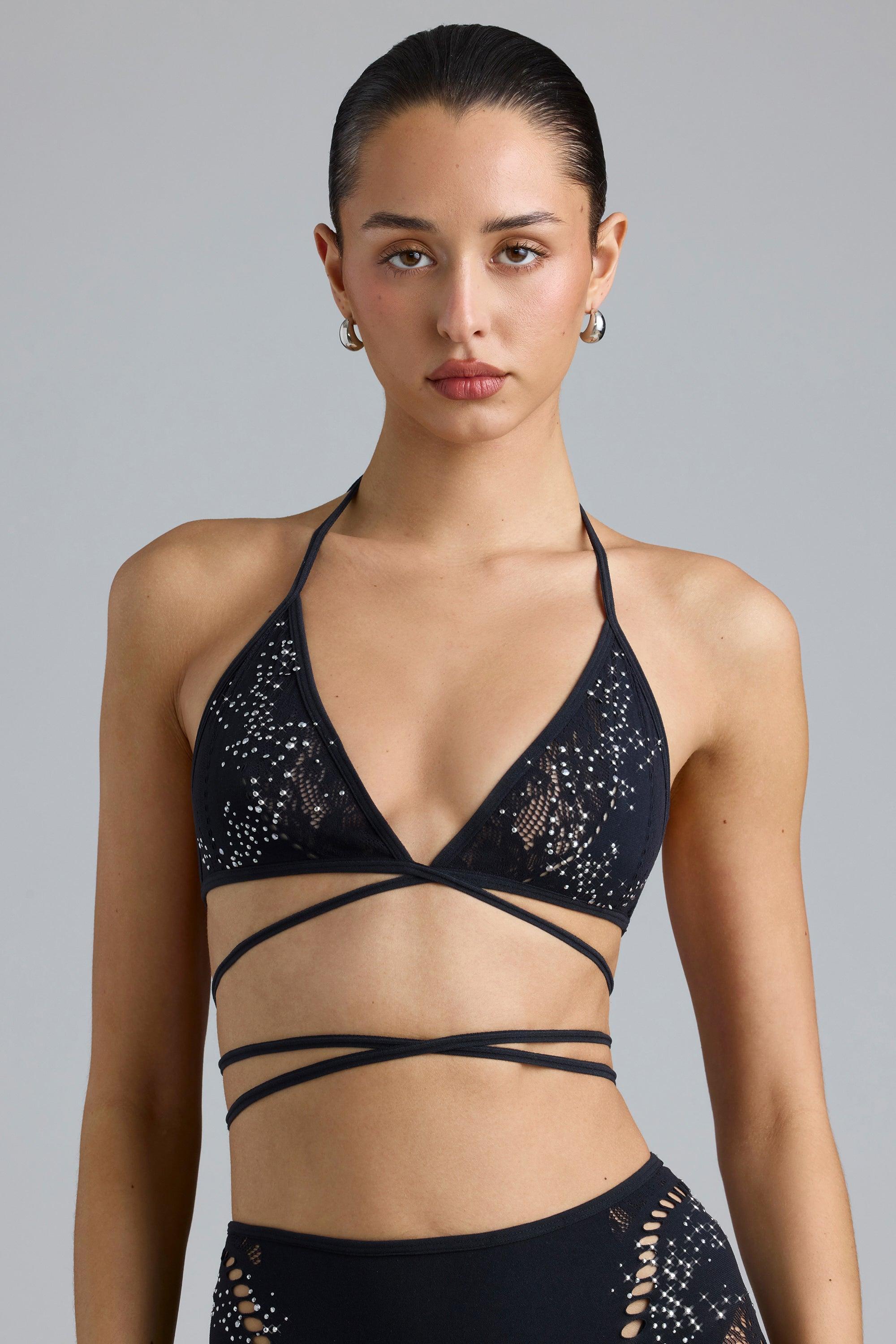 Embellished Cross-Strap Bikini Top in Black Product Image