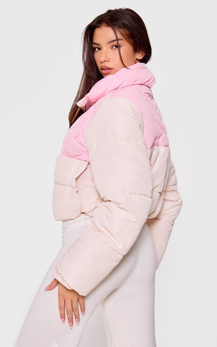 Pink Heart Detail Color Block Puffer Coat Product Image