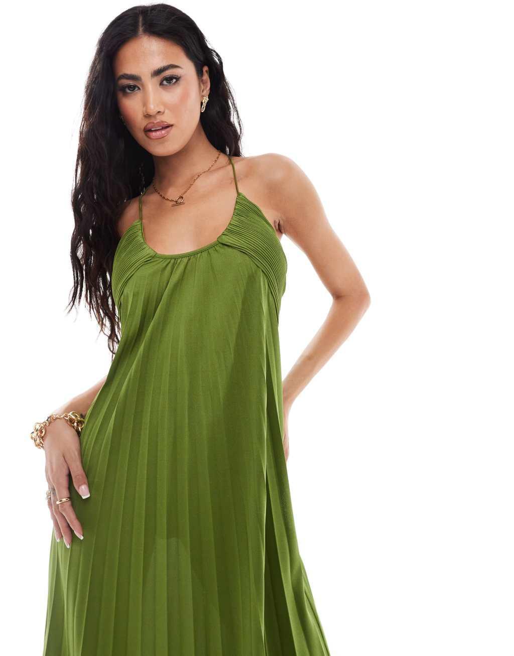 ASOS DESIGN scooped out halter pleated maxi dress in olive Product Image