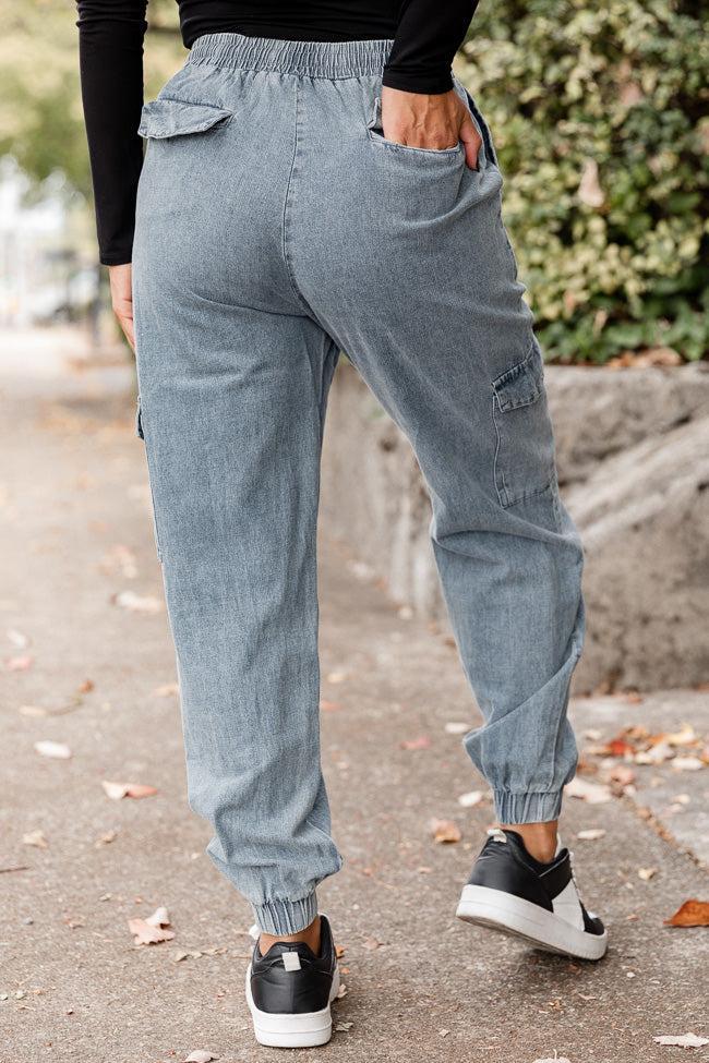 Keep Moving Forward Light Wash Chambray Cargo Joggers Product Image