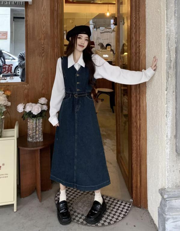 Long Sleeve Collared Plain Shirt / V-Neck Washed Button Midi A-Line Denim Pinafore Dress / Set Product Image