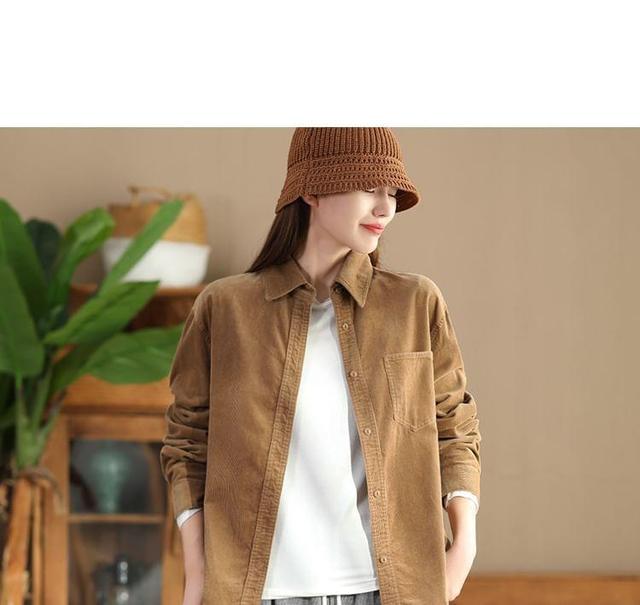 Long-Sleeve Plain Pocket Detail Corduroy Shirt Product Image