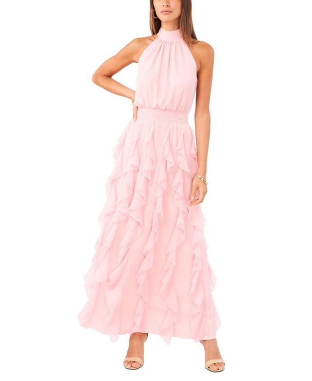 1.state Womens Sleeveless Ruffled Halter Maxi Dress Product Image