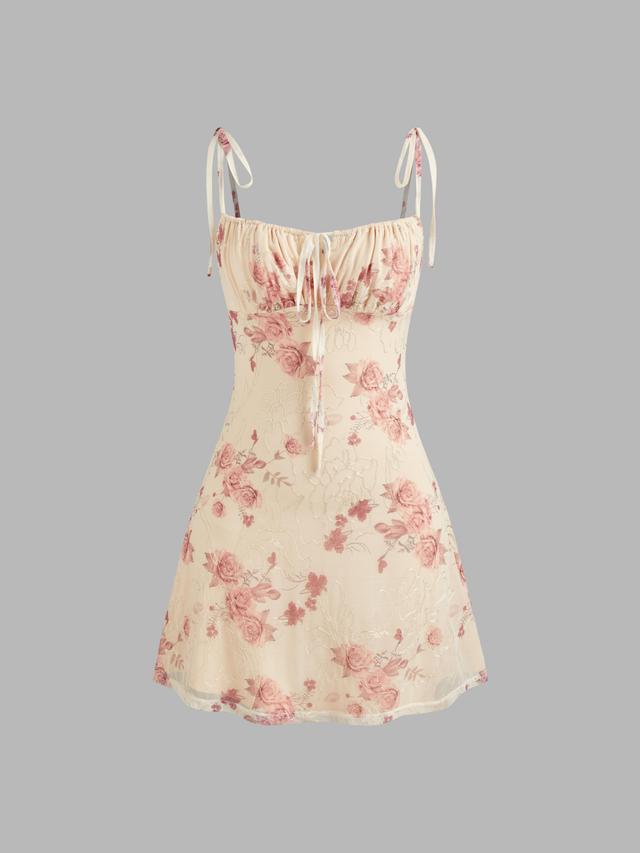 Mesh Square Neck Floral Texture Knotted Mini Dress Product Image