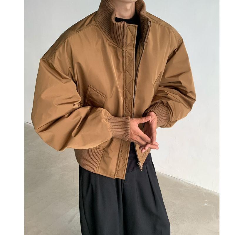 High Neck Plain Zip-Up Bomber Jacket Product Image