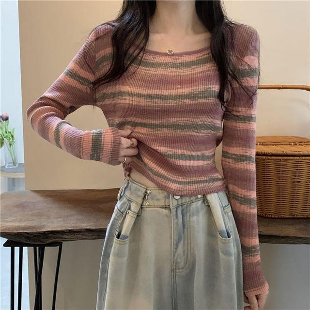 Long-Sleeve Square Neck Striped Slim Fit Crop Knit Top Product Image