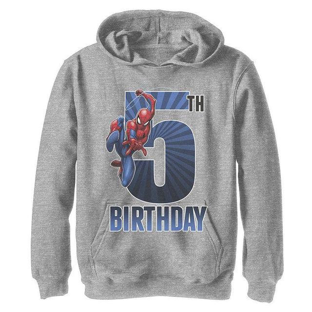 Boys 8-20 Marvel Spider-Man Swinging 5th Birthday Graphic Fleece Hoodie, Boys Navy Grey Product Image