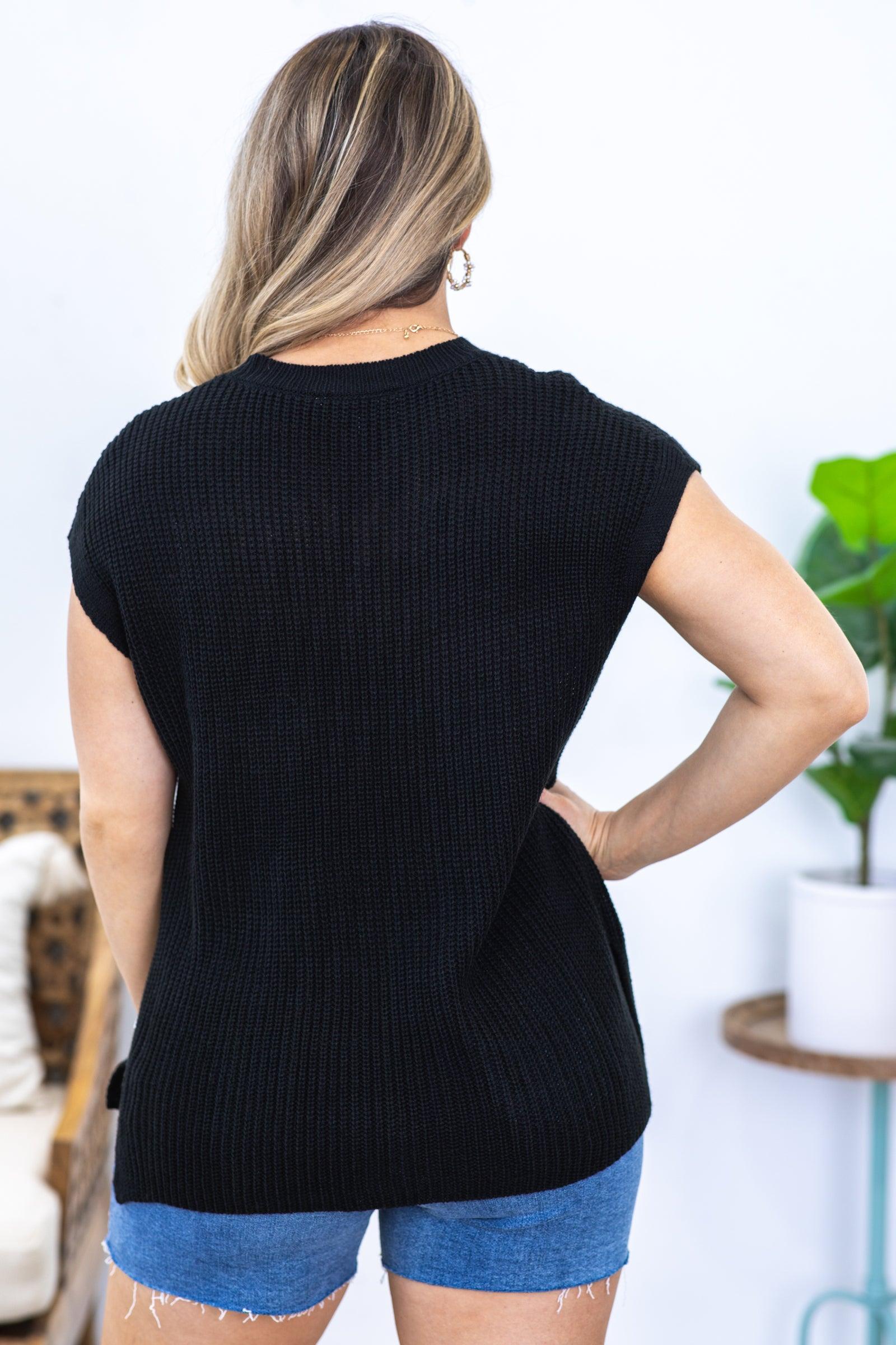 Black Sweater Knit Top With Pocket Product Image