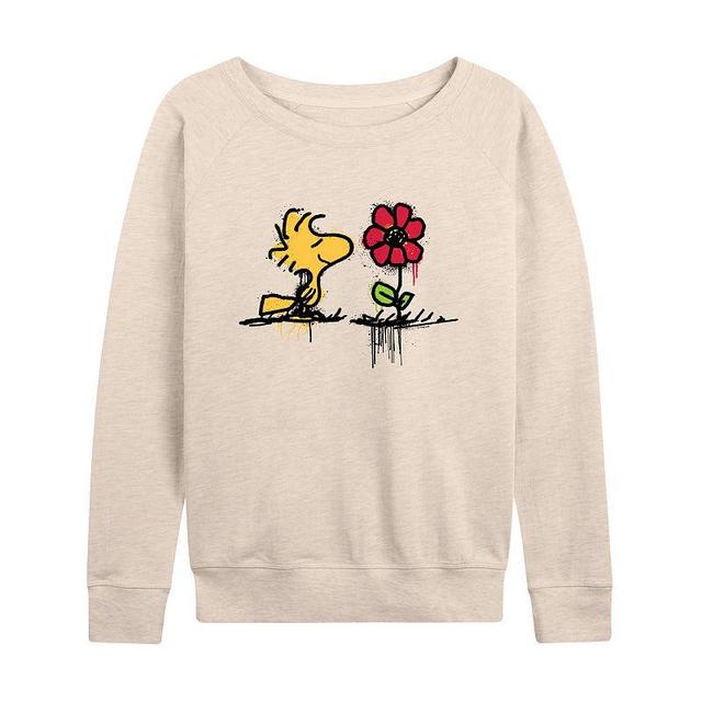 Womens Peanuts Woodstock Rose Lightweight French Terry Sweatshirt, Girls Grey Green Product Image