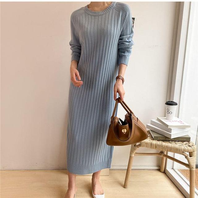 Long Sleeve Crew Neck Plain Ribbed Knit Bodycon Midi Sweater Dress Product Image